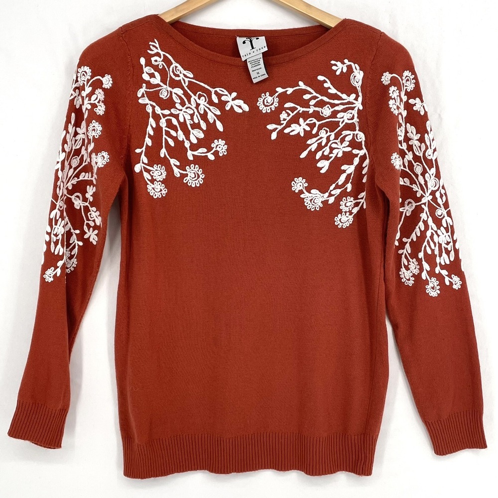 Rain + Rose Sweater Burnt Umber Long Sleeve White Embroidery Women's XS